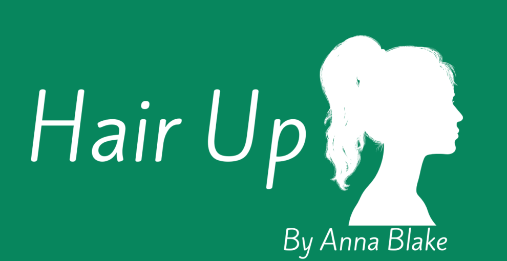 white side profile silhouette on a green background of female with her hair in a pony tail. The text "Hair Up" is on the left of the silhouette.