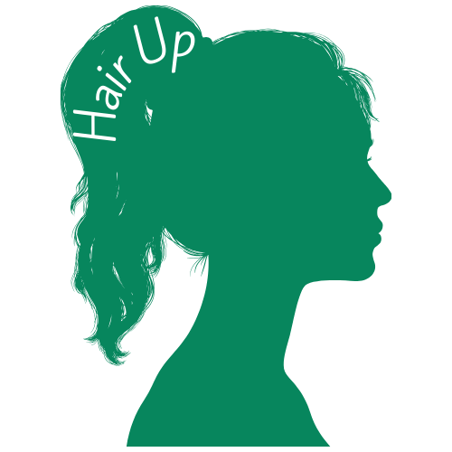 Green side profile silhouette of female with her hair in a pony tail. The text "Hair Up" is written on the curve of the ponytail.